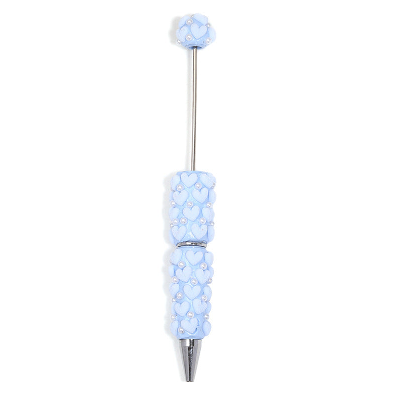 Cute Flocked Heart Beaded Ballpoint Pens, Korean-Style DIY Pearl Pens with Polymer Clay Beads for Girls and Craft Lovers
