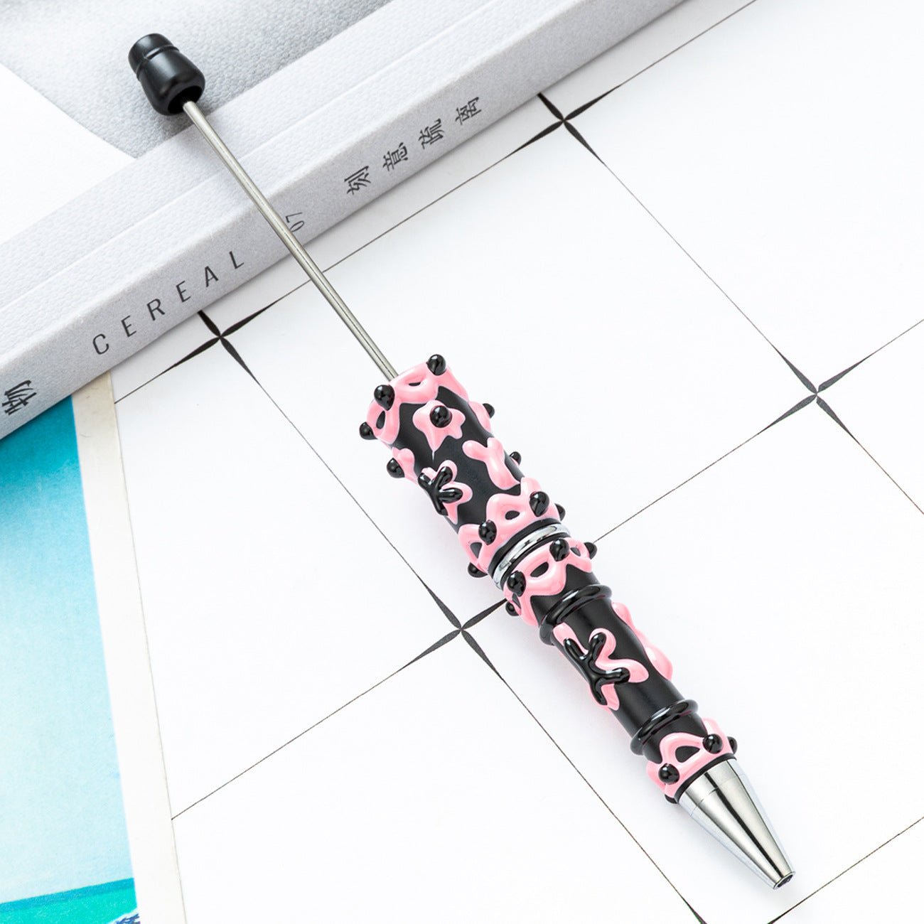 Cute DIY Beaded Ballpoint Pens with Creamy Hand-Drawn Design, Plastic Bead Pens for Girls and Craft Lovers