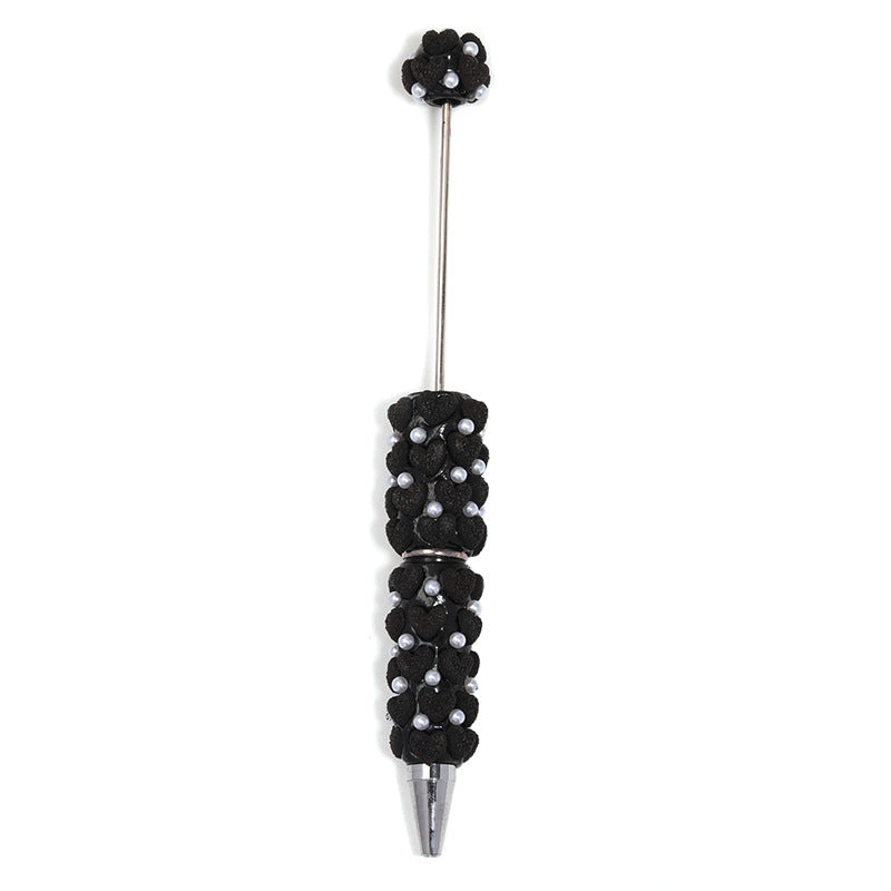 Cute Flocked Heart Beaded Ballpoint Pens, Korean-Style DIY Pearl Pens with Polymer Clay Beads for Girls and Craft Lovers