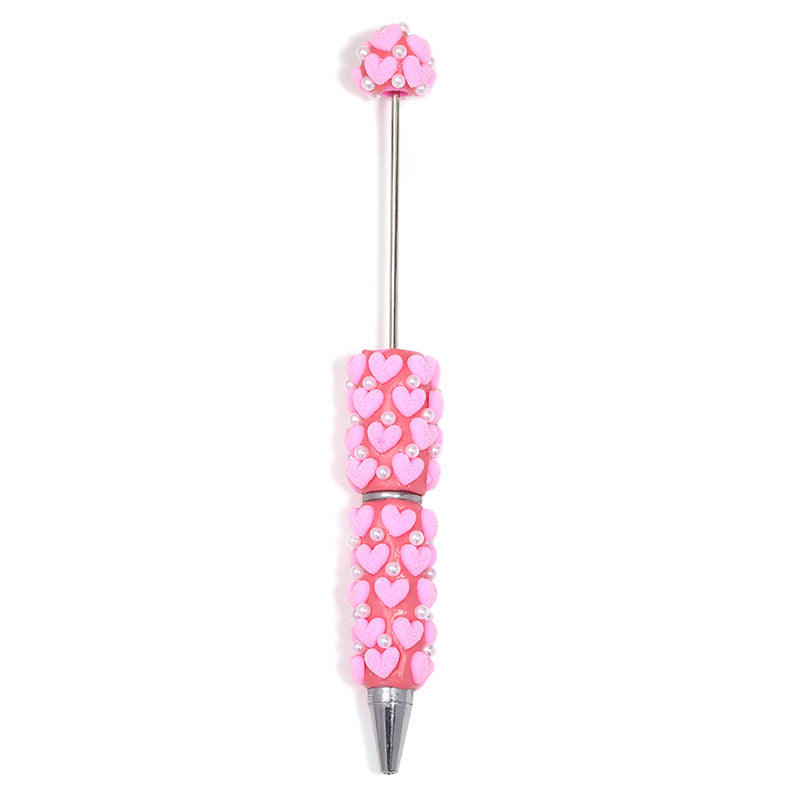 Cute Flocked Heart Beaded Ballpoint Pens, Korean-Style DIY Pearl Pens with Polymer Clay Beads for Girls and Craft Lovers