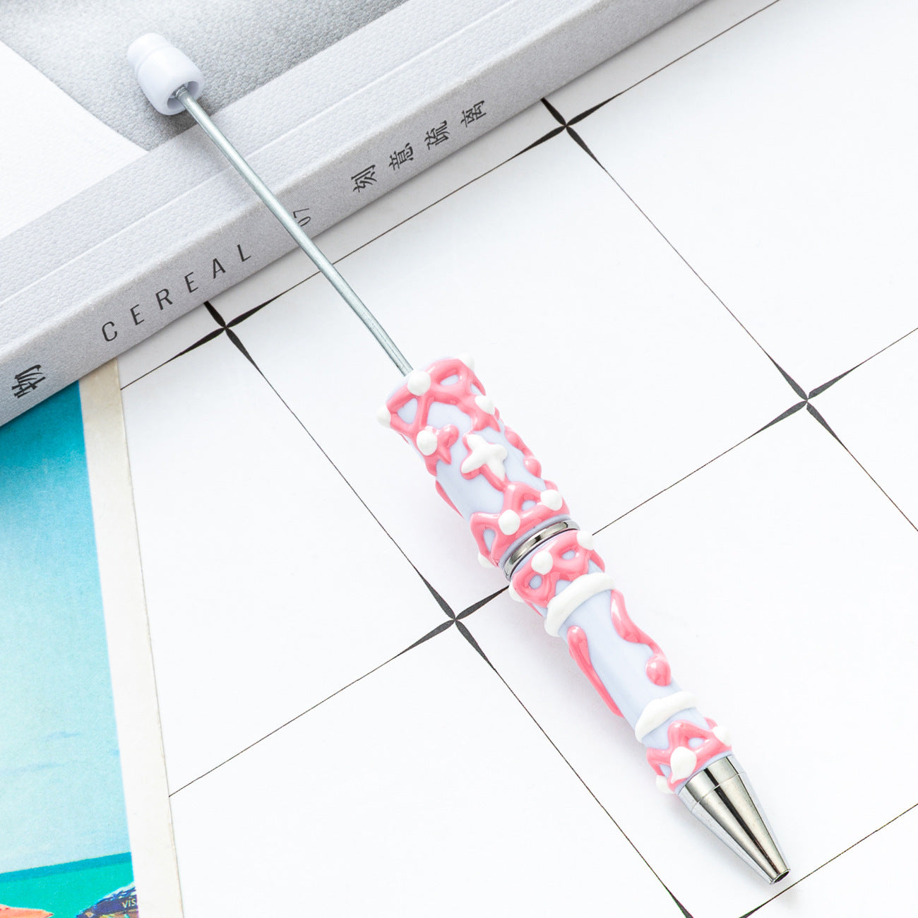 Cute DIY Beaded Ballpoint Pens with Creamy Hand-Drawn Design, Plastic Bead Pens for Girls and Craft Lovers