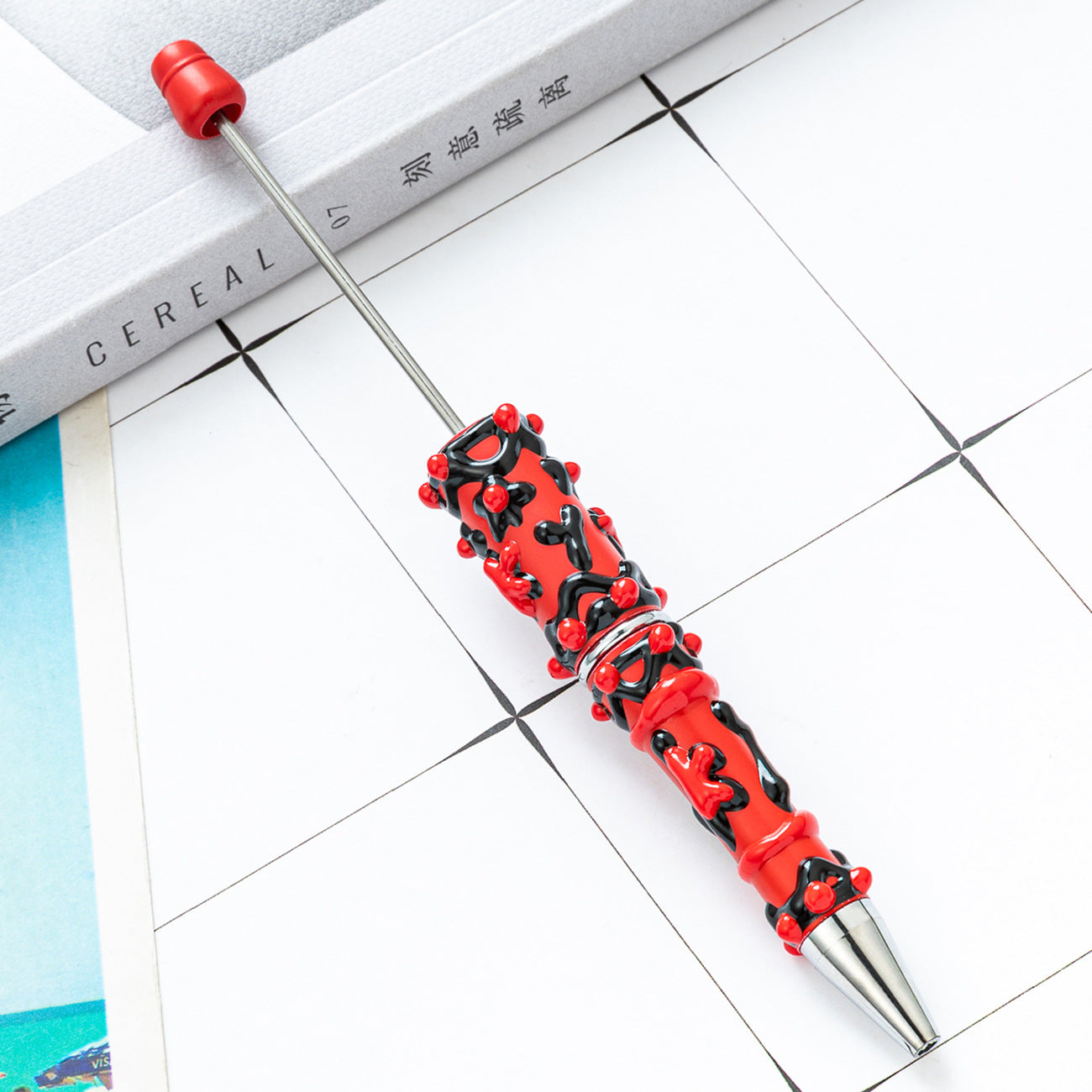 Cute DIY Beaded Ballpoint Pens with Creamy Hand-Drawn Design, Plastic Bead Pens for Girls and Craft Lovers