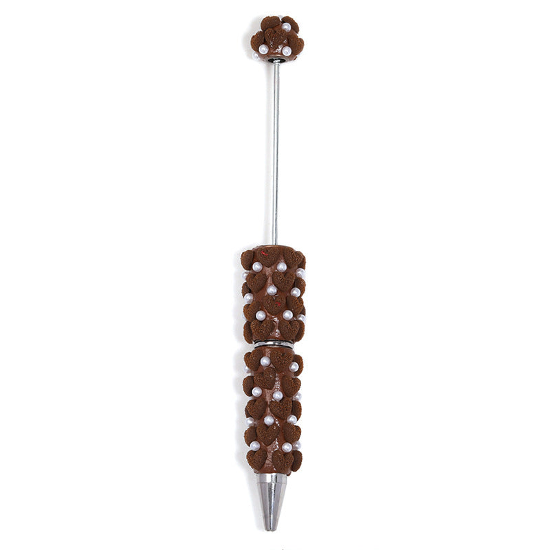 Cute Flocked Heart Beaded Ballpoint Pens, Korean-Style DIY Pearl Pens with Polymer Clay Beads for Girls and Craft Lovers