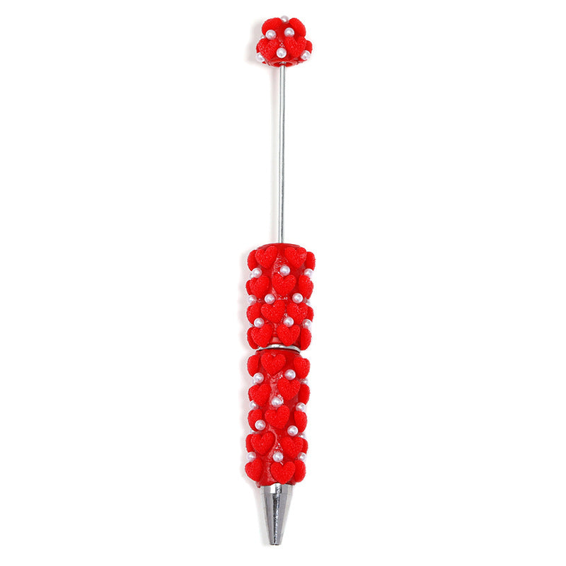Cute Flocked Heart Beaded Ballpoint Pens, Korean-Style DIY Pearl Pens with Polymer Clay Beads for Girls and Craft Lovers