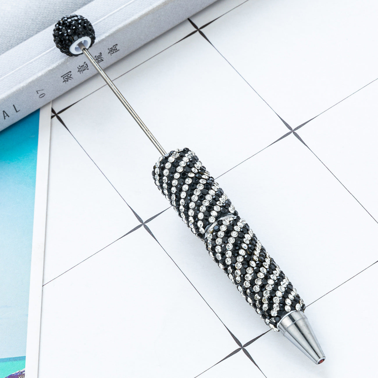 Creative DIY Striped Full-Rhinestone Beaded Ballpoint Pen, Multicolor Plastic Bead Pen, Handmade Rhinestone Bead Pen
