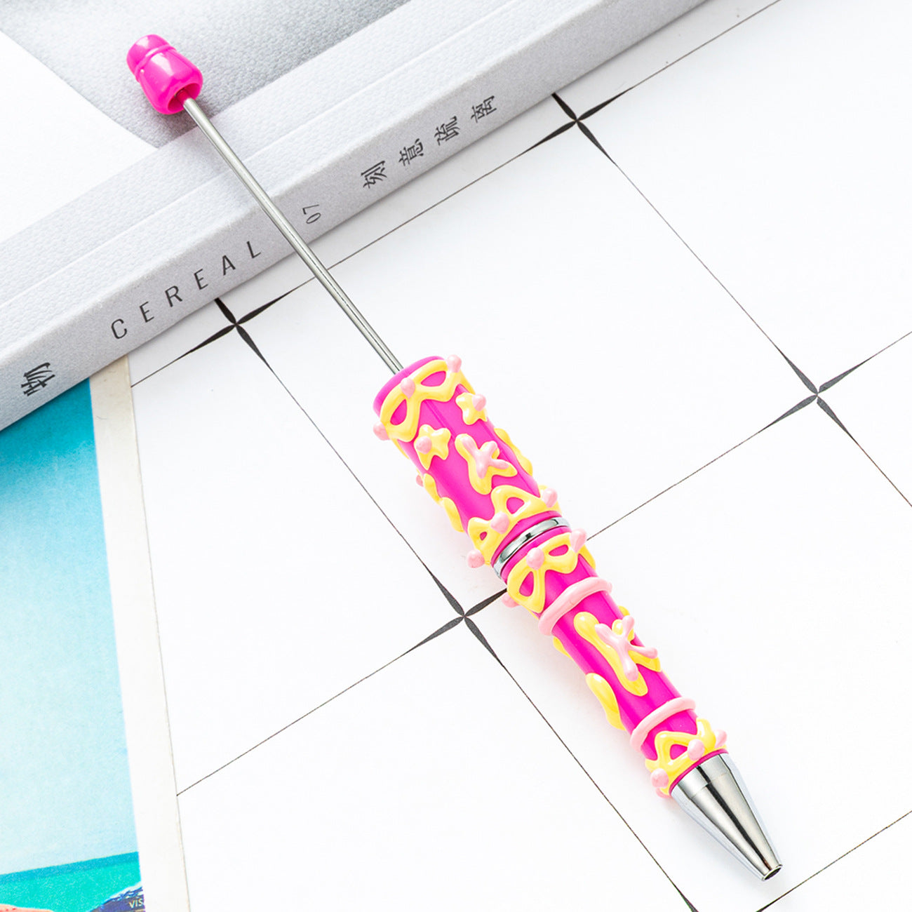 Cute DIY Beaded Ballpoint Pens with Creamy Hand-Drawn Design, Plastic Bead Pens for Girls and Craft Lovers