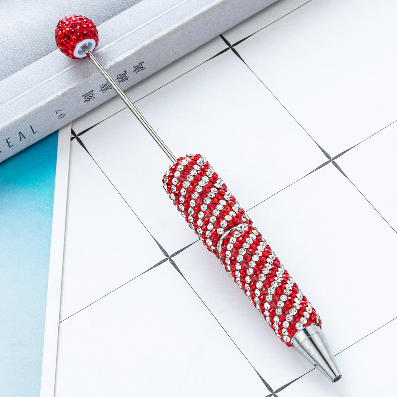 Creative DIY Striped Full-Rhinestone Beaded Ballpoint Pen, Multicolor Plastic Bead Pen, Handmade Rhinestone Bead Pen
