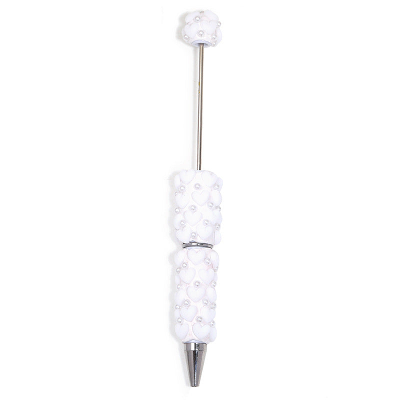 Cute Flocked Heart Beaded Ballpoint Pens, Korean-Style DIY Pearl Pens with Polymer Clay Beads for Girls and Craft Lovers