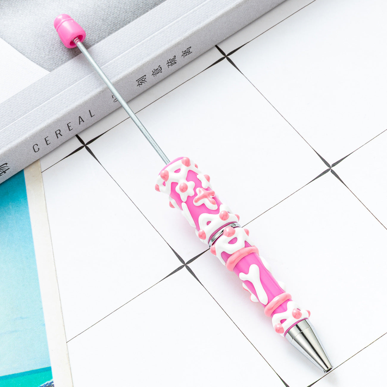 Cute DIY Beaded Ballpoint Pens with Creamy Hand-Drawn Design, Plastic Bead Pens for Girls and Craft Lovers