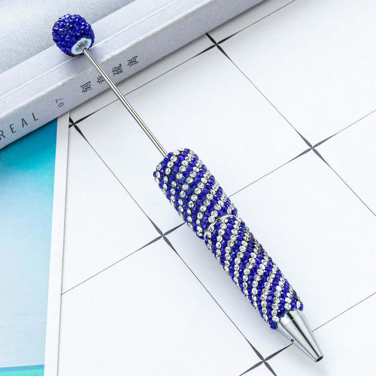Creative DIY Striped Full-Rhinestone Beaded Ballpoint Pen, Multicolor Plastic Bead Pen, Handmade Rhinestone Bead Pen