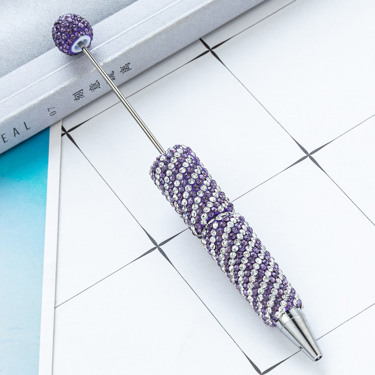 Creative DIY Striped Full-Rhinestone Beaded Ballpoint Pen, Multicolor Plastic Bead Pen, Handmade Rhinestone Bead Pen
