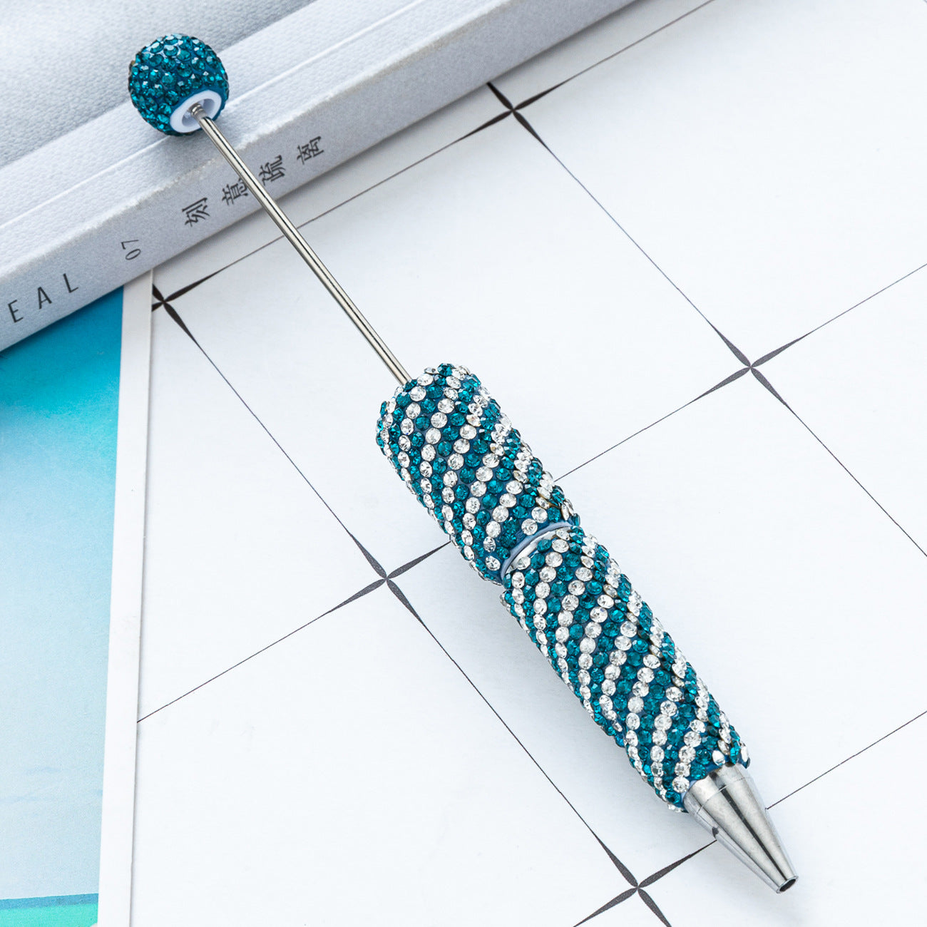 Creative DIY Striped Full-Rhinestone Beaded Ballpoint Pen, Multicolor Plastic Bead Pen, Handmade Rhinestone Bead Pen