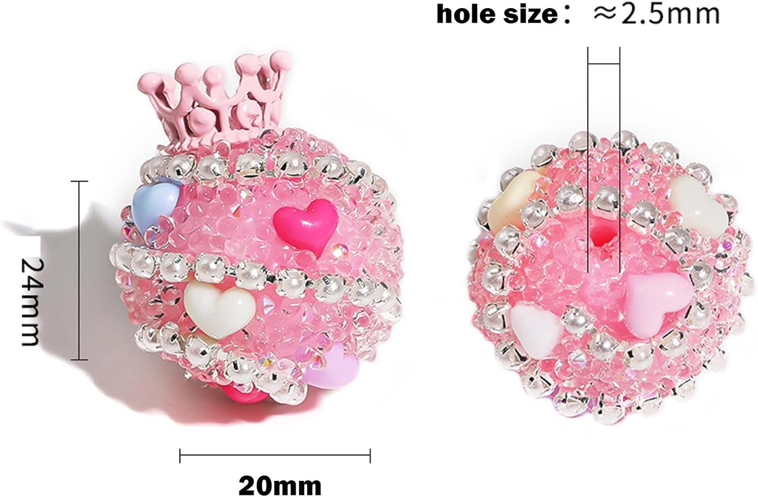 Rhinestone Focal Beads for Pens, 24 * 19MM Mixd Color Crystal Crown Round Shape Diamond Chunky Glitter Beads for Keychain Beadable Pen Jewelry Brcelets Making, Pet Necklace Accessories