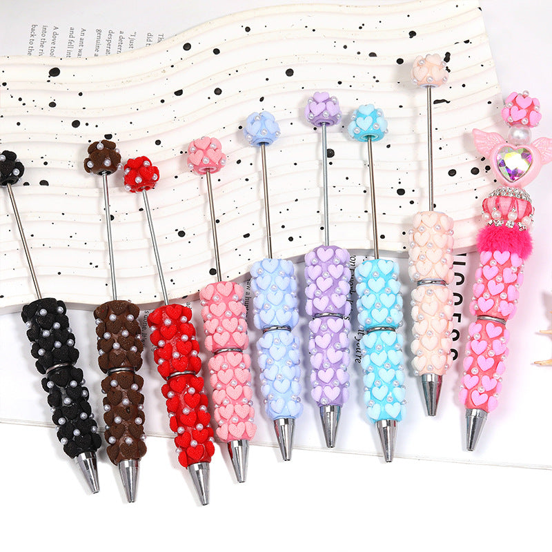 Cute Flocked Heart Beaded Ballpoint Pens, Korean-Style DIY Pearl Pens with Polymer Clay Beads for Girls and Craft Lovers