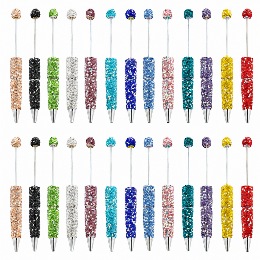 Colorful DIY Rhinestone Beaded Ballpoint Pens, Handmade Sparkly Plastic Bead Pens for Girls and Craft Projects