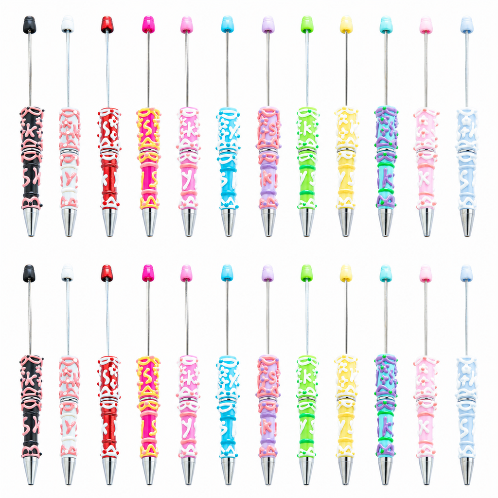 Cute DIY Beaded Ballpoint Pens with Creamy Hand-Drawn Design, Plastic Bead Pens for Girls and Craft Lovers