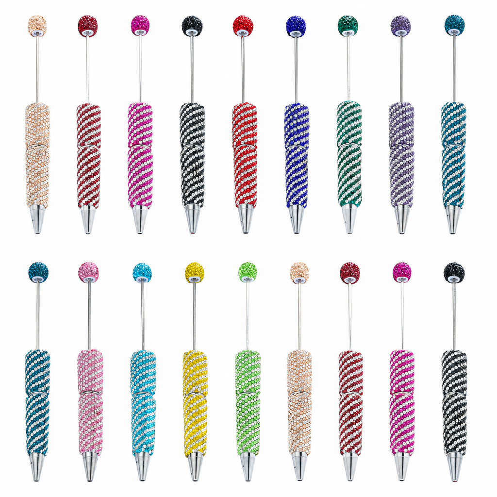 Creative DIY Striped Full-Rhinestone Beaded Ballpoint Pen, Multicolor Plastic Bead Pen, Handmade Rhinestone Bead Pen