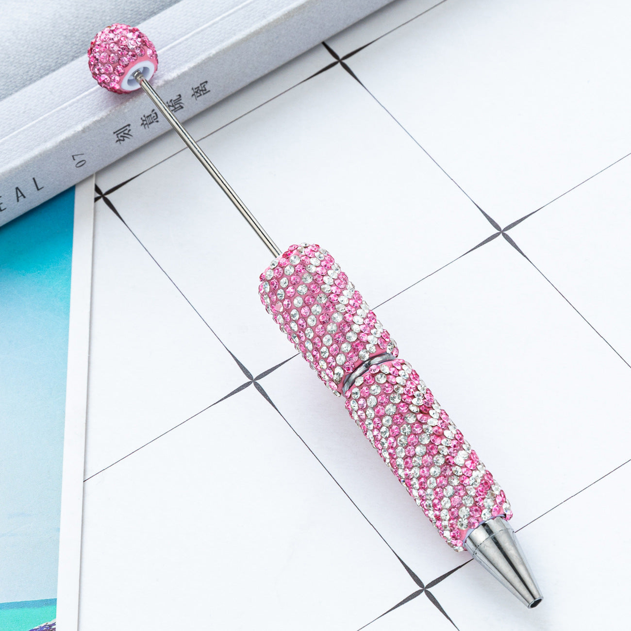 Creative DIY Striped Full-Rhinestone Beaded Ballpoint Pen, Multicolor Plastic Bead Pen, Handmade Rhinestone Bead Pen