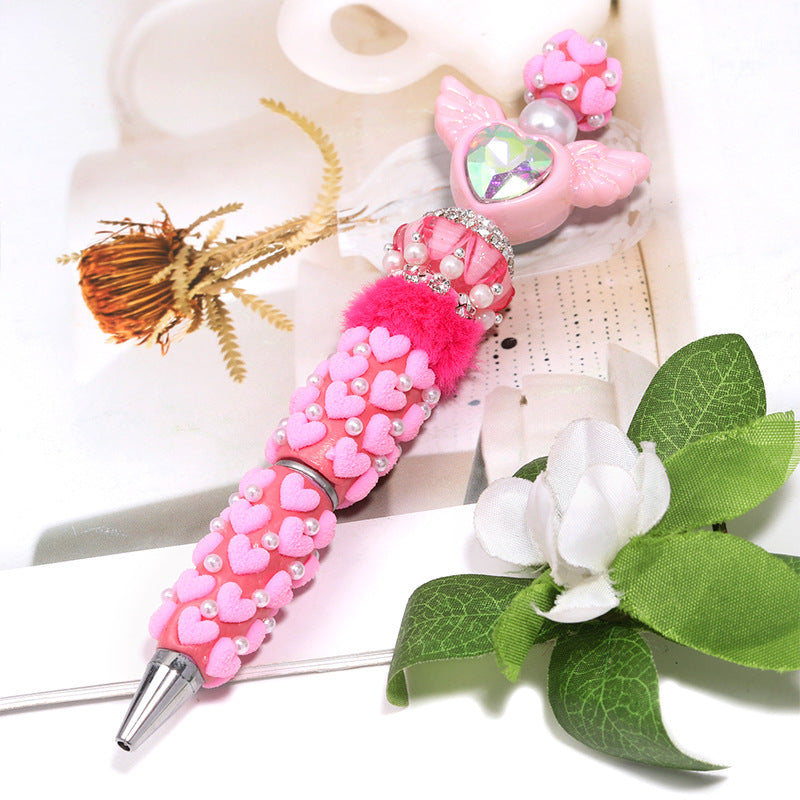Cute Flocked Heart Beaded Ballpoint Pens, Korean-Style DIY Pearl Pens with Polymer Clay Beads for Girls and Craft Lovers