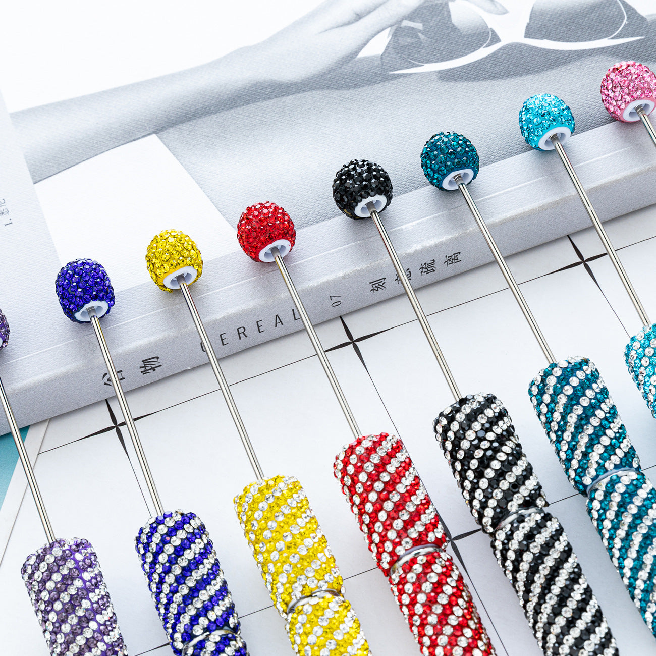 Creative DIY Striped Full-Rhinestone Beaded Ballpoint Pen, Multicolor Plastic Bead Pen, Handmade Rhinestone Bead Pen