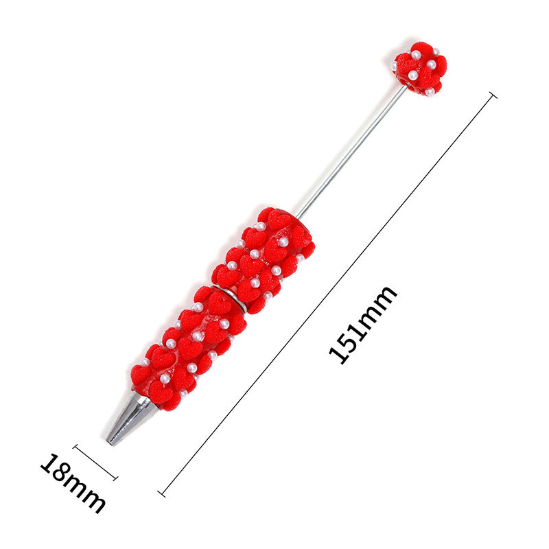 Cute Flocked Heart Beaded Ballpoint Pens, Korean-Style DIY Pearl Pens with Polymer Clay Beads for Girls and Craft Lovers