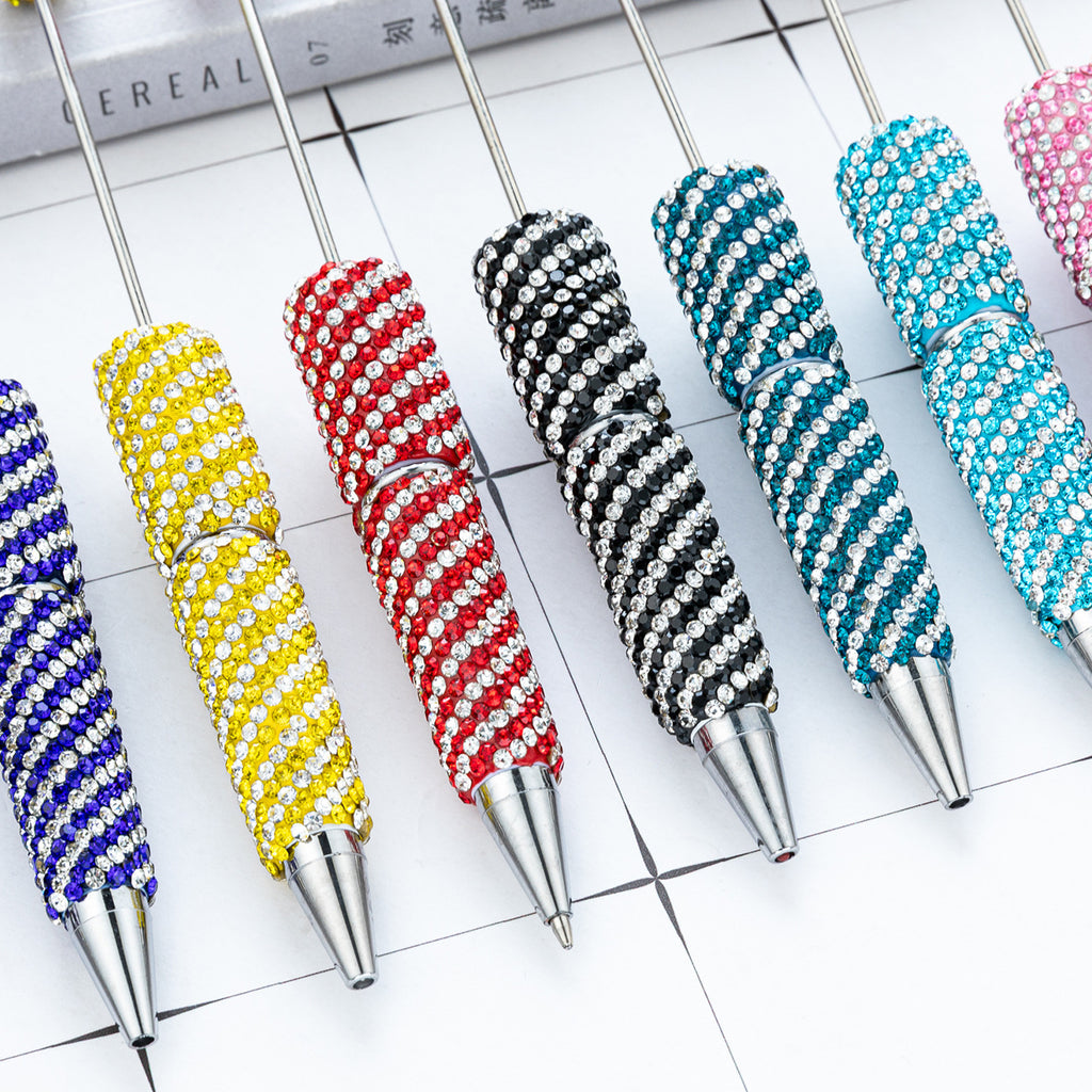 Creative DIY Striped Full-Rhinestone Beaded Ballpoint Pen, Multicolor Plastic Bead Pen, Handmade Rhinestone Bead Pen