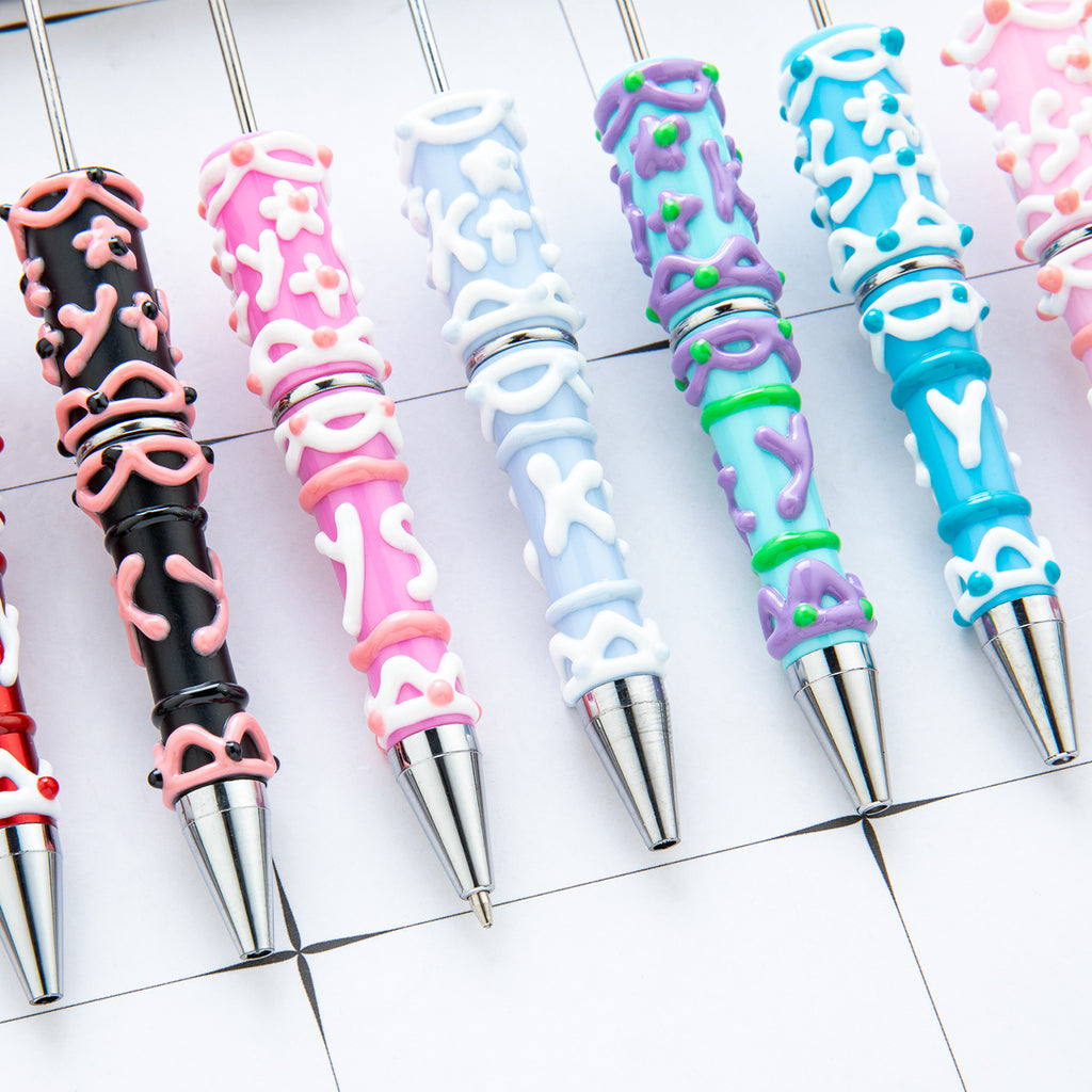 Cute DIY Beaded Ballpoint Pens with Creamy Hand-Drawn Design, Plastic Bead Pens for Girls and Craft Lovers