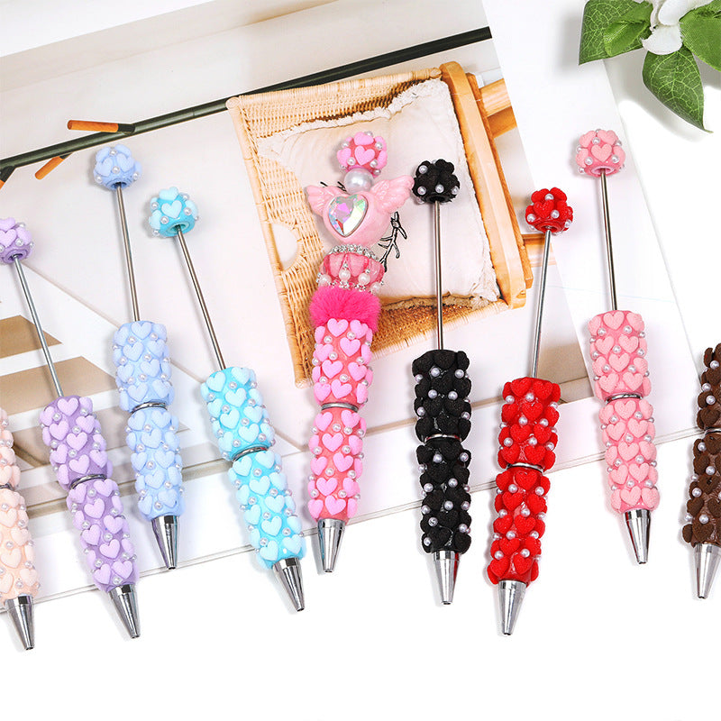 Cute Flocked Heart Beaded Ballpoint Pens, Korean-Style DIY Pearl Pens with Polymer Clay Beads for Girls and Craft Lovers