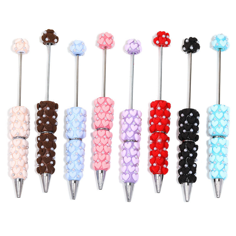 Cute Flocked Heart Beaded Ballpoint Pens, Korean-Style DIY Pearl Pens with Polymer Clay Beads for Girls and Craft Lovers