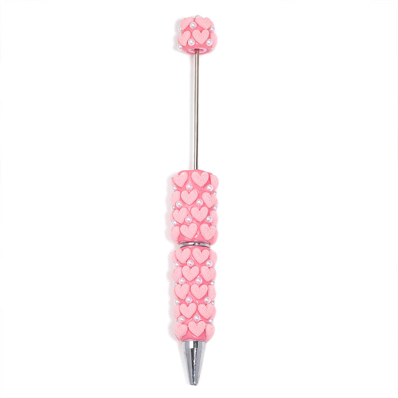 Cute Flocked Heart Beaded Ballpoint Pens, Korean-Style DIY Pearl Pens with Polymer Clay Beads for Girls and Craft Lovers
