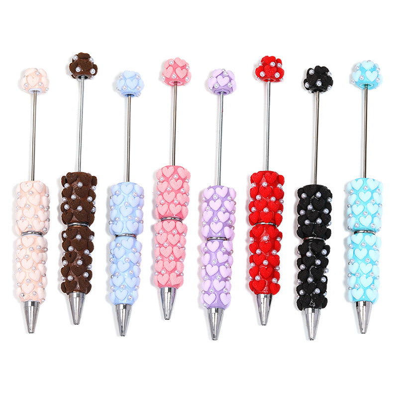 Cute Flocked Heart Beaded Ballpoint Pens, Korean-Style DIY Pearl Pens with Polymer Clay Beads for Girls and Craft Lovers