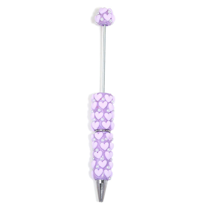 Cute Flocked Heart Beaded Ballpoint Pens, Korean-Style DIY Pearl Pens with Polymer Clay Beads for Girls and Craft Lovers