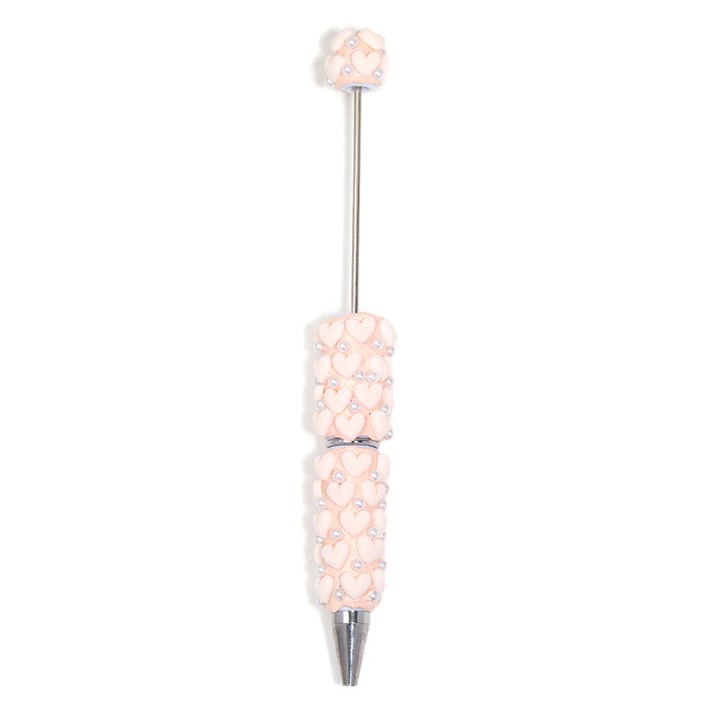 Cute Flocked Heart Beaded Ballpoint Pens, Korean-Style DIY Pearl Pens with Polymer Clay Beads for Girls and Craft Lovers